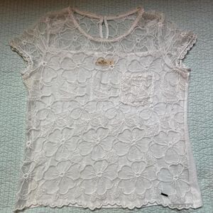 Hollister Womens White Floral Lace Sheer Short Sleeve Shirt Size Medium